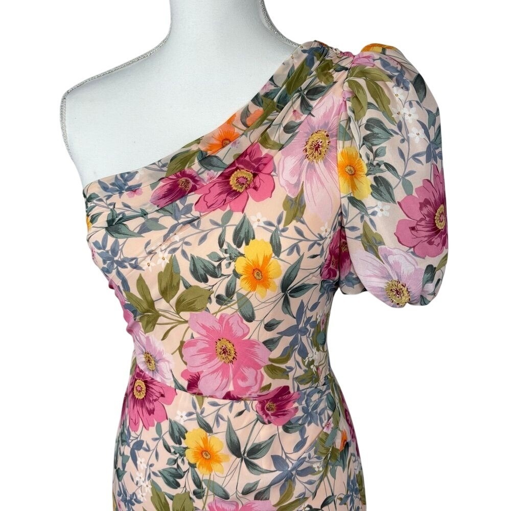 Astr One-Shoulder Floral Asymmetrical Midi Dress in Pink and Yellow - Picture 6 of 11